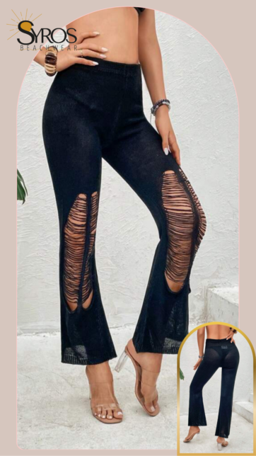 Pantalón negro tejido rasgado en rodillas