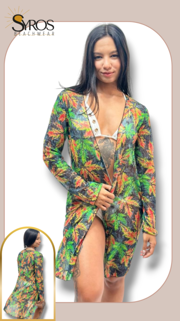 Kimono malla negra hojas verdes y naranjas