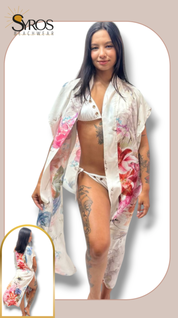 Kimono blanco flores fucsia y rojo dixie