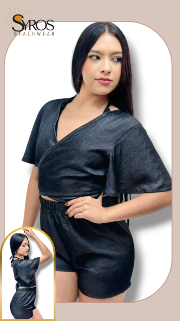 Conjunto gris oscuro short y camisa cruzada(M,L)