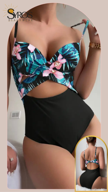 push up negro estampado hojas verdes y flores rosadas