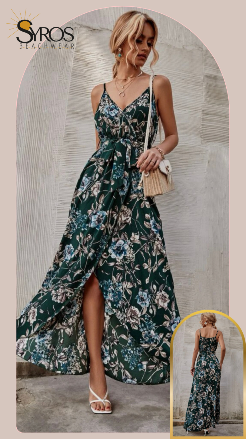 Vestido verde con flores beige y blancas con azul