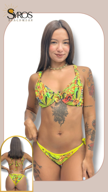 Copa dixie estampado flores y panty baja con borde verde