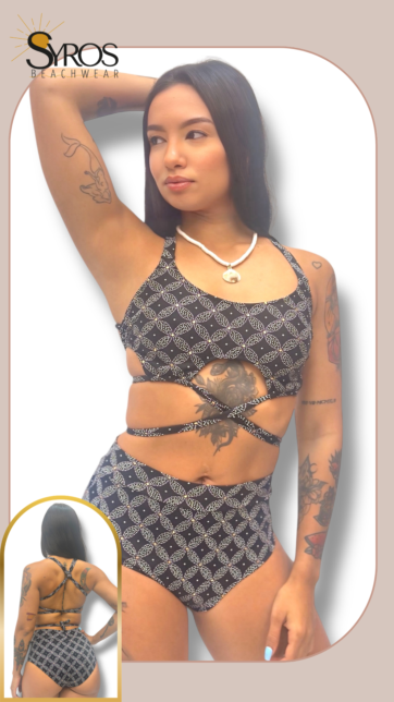 Top panty alta conn ruche negro con morado y puntos blancos dixie