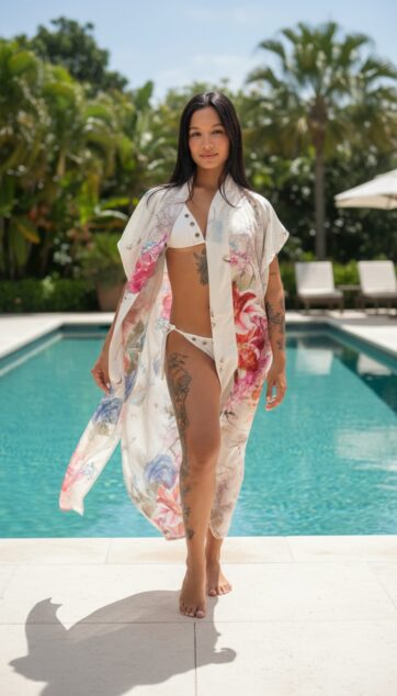 Kimono blanco flores fucsia y rojo dixie Talla S