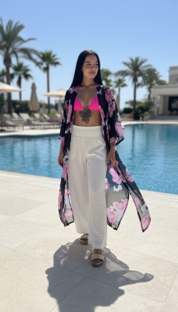 Kimono negro flores fucsia Talla S/M/L