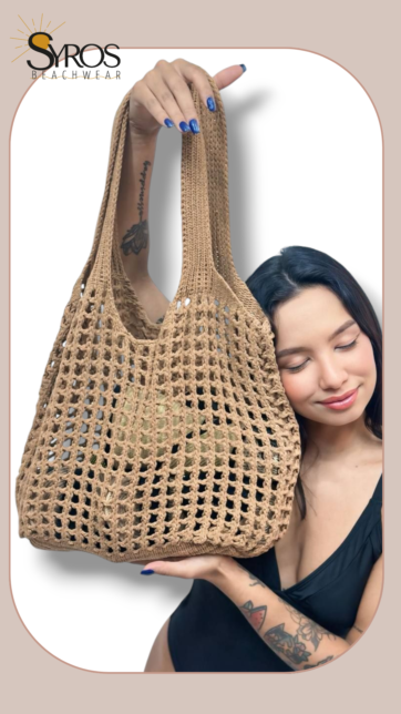 Cartera Bolso playero de malla tejido marron