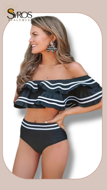 bikini top hombros descubiertos panty alta negro lineas blancas