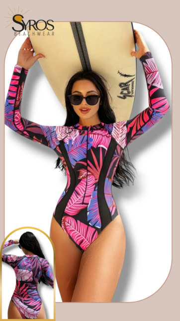 Enterizo manga larga  estampado hojas negro con fucsia y morado