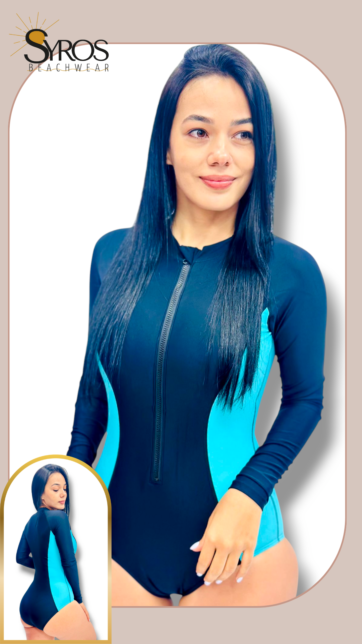 Enterizo manga larga negro con laterales azul menta