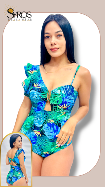 Enterizo estampado azul con verde u metalica manga con faralao