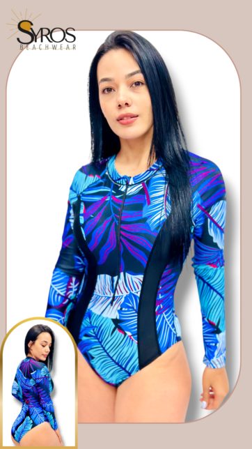Enterizo manga larga  estampado hojas negro con azul menta y morado