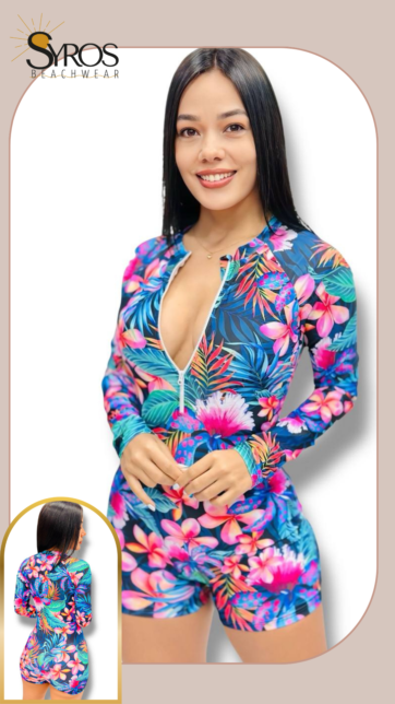 Enterizo manga larga short uv negro estampado floral azul rosado