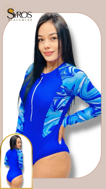 Enterizo manga larga  azul rey con mangas estampadas