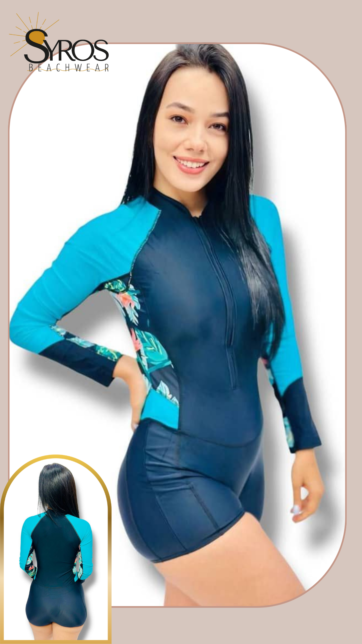 Enterizo manga larga short uv negro estampado verde agua en mangas