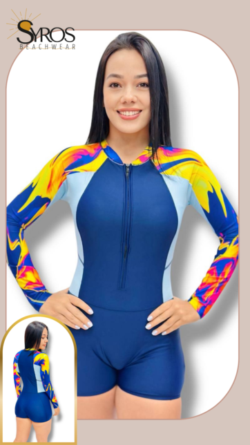 Enterizo manga larga azul marino mangas amarillo naranja y azul