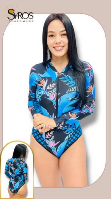 Enterizo manga larga  estampado negro con azul