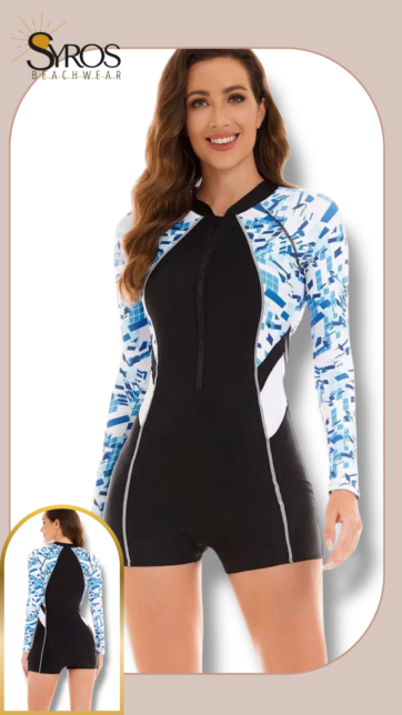 Enterizo manga larga short uv negro con laterales blanco y azul