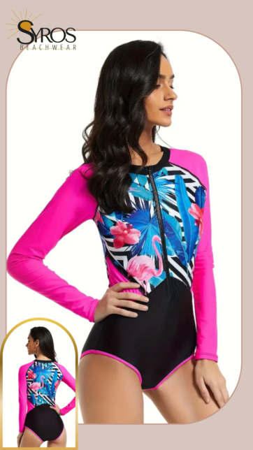 Enterizo manga larga negro manga fucsia flamingos
