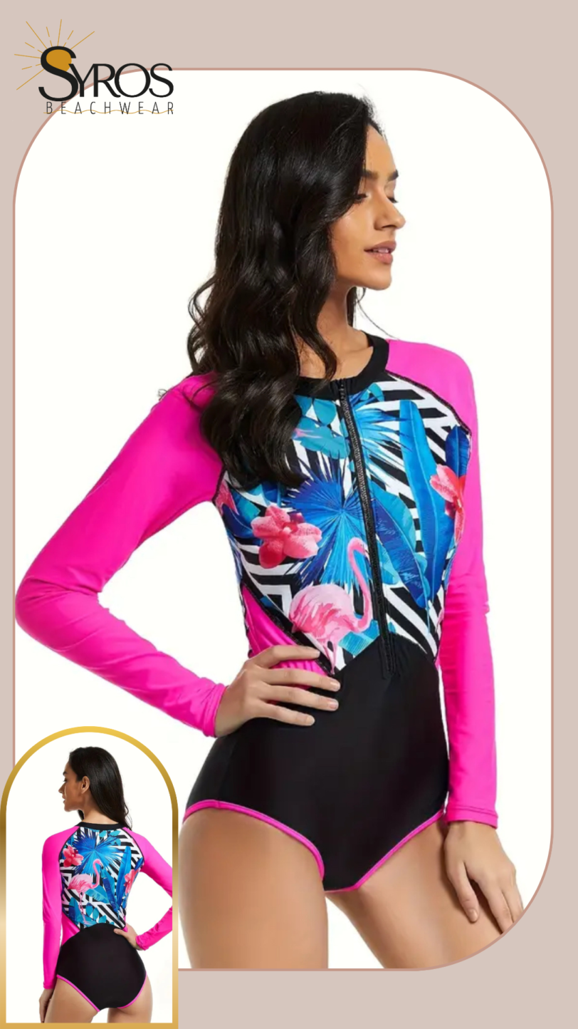 Enterizo manga larga negro manga fucsia flamingos