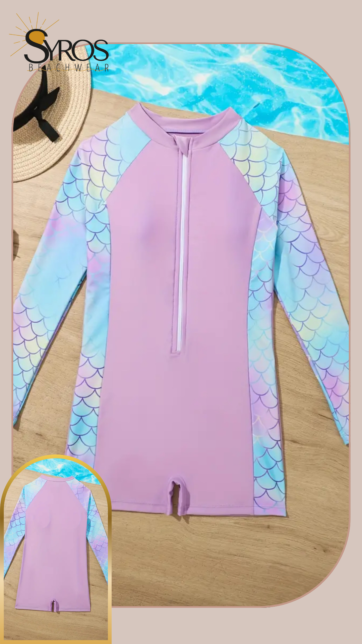 Entero manga larga  short estampado escamas rosado con azul pastel