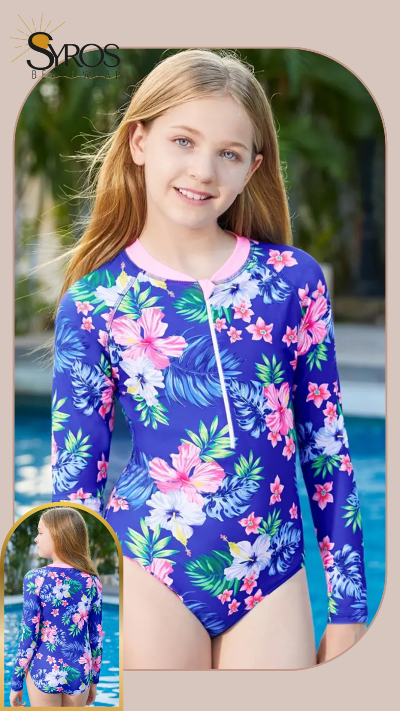 Entero manga larga estampado azul morado flores rosadas