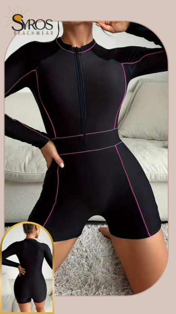 Enterizo manga larga  negro  con lineas Fucsia