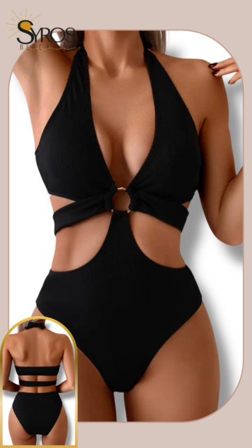 trikini entero negro acanalado con aro escotado XS