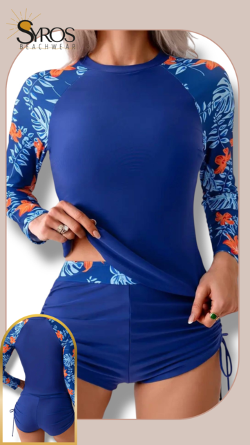 Tankini manga larga short azul estampado floral en mangas