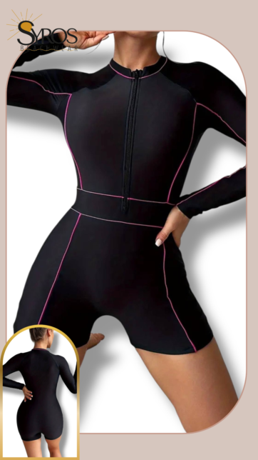 Entero manga larga short negro lineas fucsia