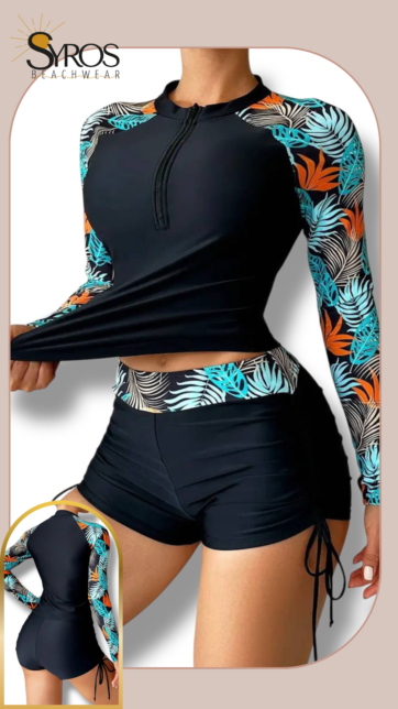 Tankini manga larga short negro estampado floral en mangas