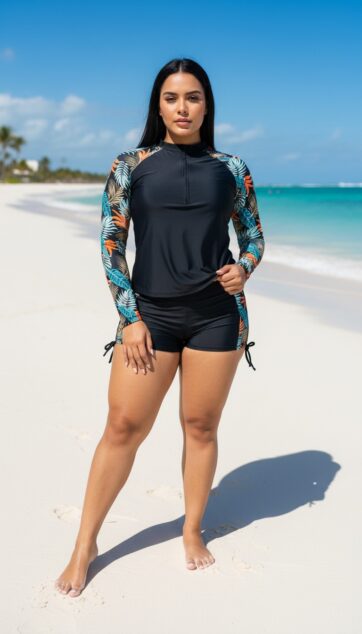 Tankini manga larga short negro estampado floral en mangas