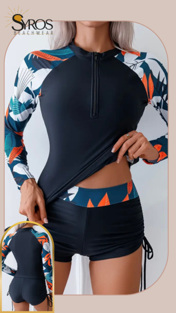 Tankini manga larga short negro estampado hojas grandes en mangas