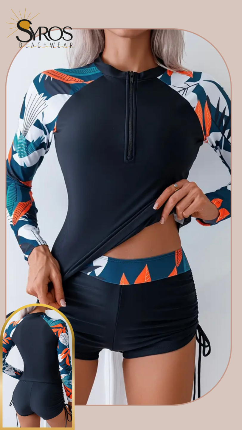 Tankini manga larga short negro estampado hojas grandes en mangas