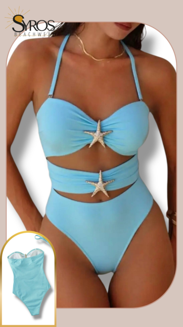 enterizo azul celeste con estrellas de mar