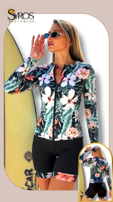 Tankini manga larga short negro con estampado de flores blancas y ladrillo