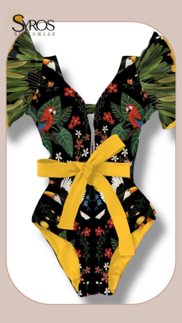Enterizo negro con amarillo con faralao en manga estampado guacamaya