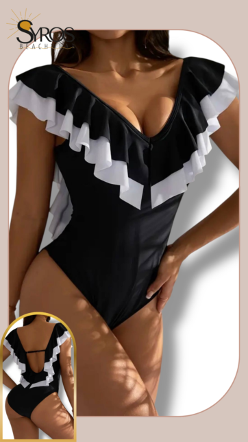 Enterizo negro con volante en cuello negro con blanco escotado en espalda