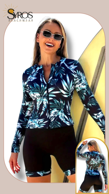 Tankini manga larga negro estampado palmas verdes