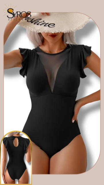 Enterizo negro con volante en hombro y transparencia en escote