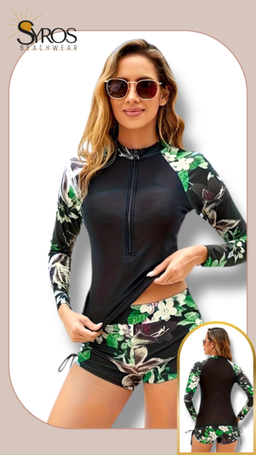 Tankini manga larga negro estampado flores blancas hojas verdes