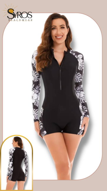 Entero manga larga short Negro con hojas blancas