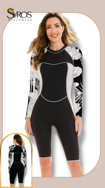 Entero manga larga short largo Negro con hojas grises