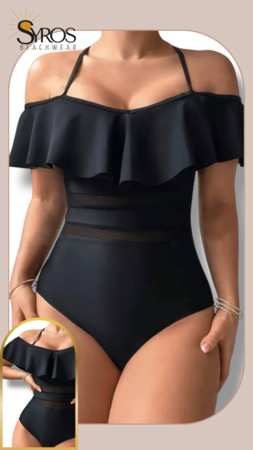 Enterizo negro con volante campesino transparencia en abdomen