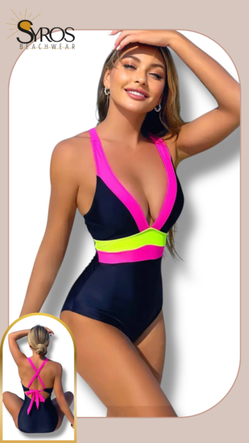 entero block color fucsia negro y amarillo neon halter