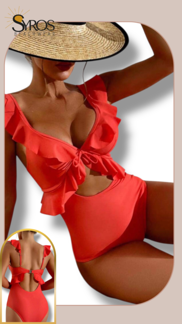 Enterizo naranja con volante en cuello  y costado, escote en espalda