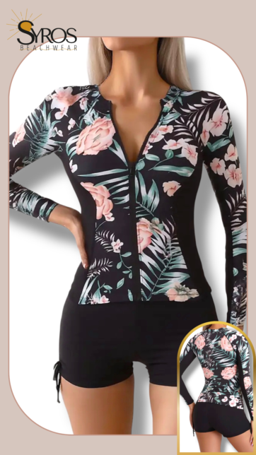 Tankini manga larga costado negro estampado palmas y flores