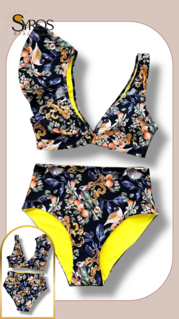 bikini faralao una manga panti alta estampado negro forro amarillo