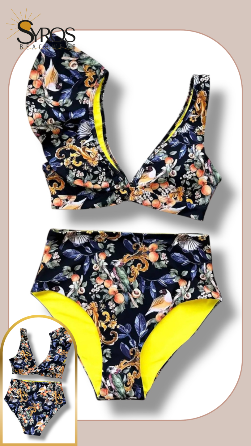 bikini faralao una manga panti alta estampado negro forro amarillo