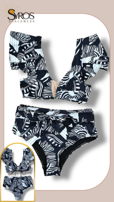 bikini sosten con faralao en mangas panti alta estampado blanco y negro